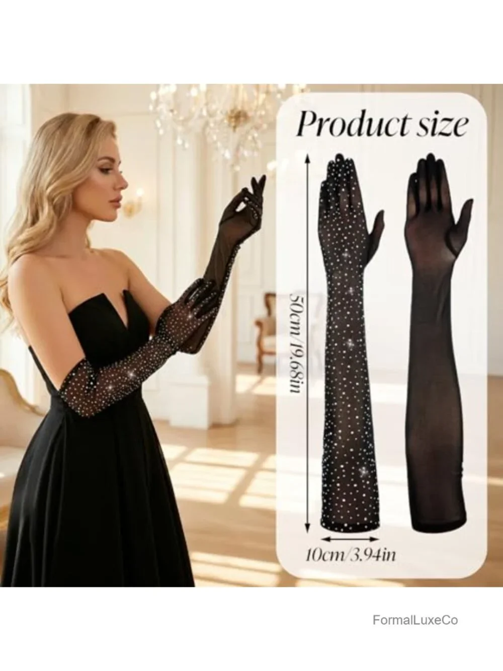 Rhinestone Long Gloves, Shiny Chiffon Elbow Gloves for Weddings, Dances, Parties